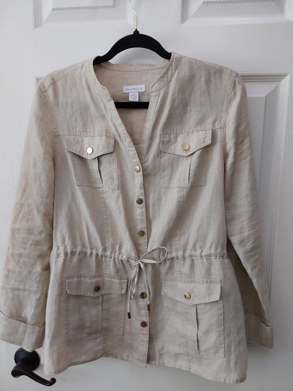 Charter Club Linen-Blend Cream Drawstring Utility Jacket